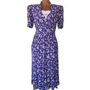 Vintage Cottagecore Prairie‎ Dress Size 6 Petite Purple Floral Pockets 80s 90s